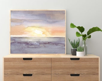 Sunset Sea Ocean Printable Wall Art Seascape Print Watercolor Sea Landscape descarga instantánea Home Decor