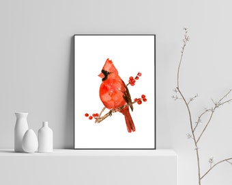 Cardinal Bird Art Print instant Download Winter Small Red Bird Animal DIY Printable Wall Art Home Decor Watercolor Painting