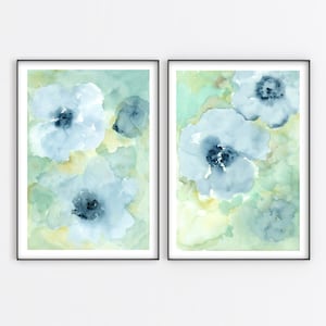 Blue Abstract Flower Printable Wall Art Set instant Download Pastel Floral Bedroom Print Decor Watercolor Blue Green Set of 2