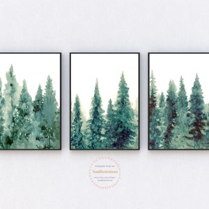 Pine Tree Printable Wall Art instant Download Print Watercolor Painting Evergreen Tree Landscape Forest Woodland Room Decor Set of 3