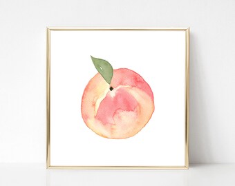 Watercolor Peach Printable Fruit Art Print Peach Wall Art instant Download Kitchen House Decor Downloadable Botanical Food Art Square Format