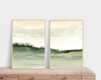 Watercolor Landscape Prints - Neutral Green Printable Wall Art Set of 2 - Minimal Abstract Hand painted Calm Scenery - Digital Download