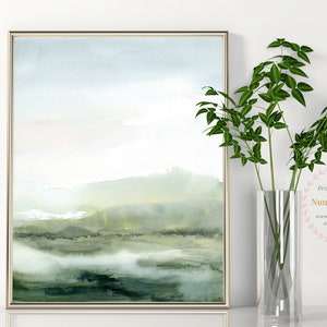 Landscape Printable Abstract Wall Art Misty Green River Digital instant Download DIY Print Minimal Watercolor Painting - V2