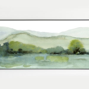 Panoramic Soft Green Hills Landscape Printable Wall Art Watercolor Print Digital Download Neutral Peaceful Summer Scenery