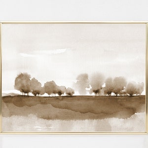 Watercolor Tree Landscape Print - Printable Wall Art instant Download Hand Painted - Neutral Sepia Brown Horizontal
