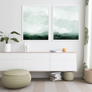 Green Landscape Wall Art Print Set Minimal Abstract Monotone instant Download DIY Printable Digital Watercolor Painting Set of 2 image 1