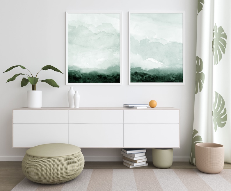 Green Landscape Wall Art Print Set Minimal Abstract Monotone instant Download DIY Printable Digital Watercolor Painting Set of 2 image 1