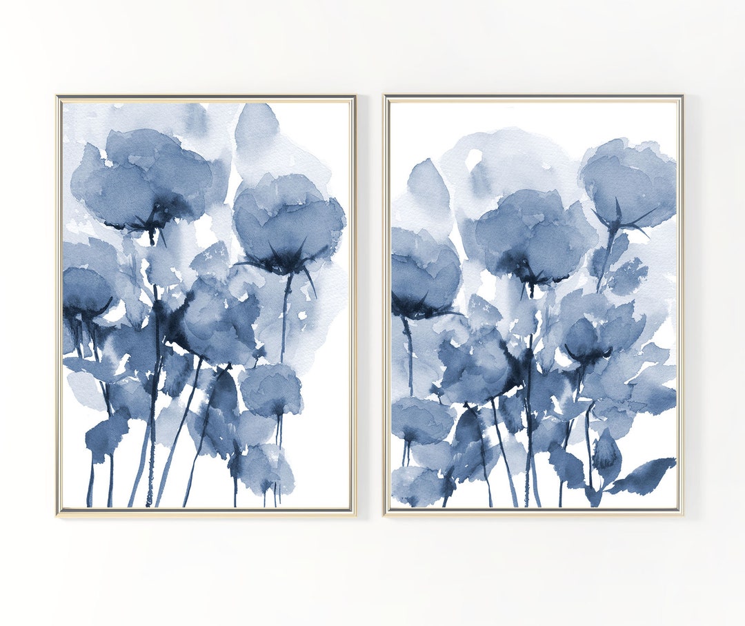 Blue Flower Print Set of 2 Abstract Watercolor Flower - Etsy