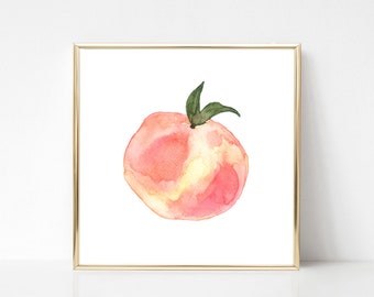 Watercolor Peach Printable Fruit Art Print Peach Wall Art instant Download Kitchen House Decor Downloadable Botanical Food Art Square Format