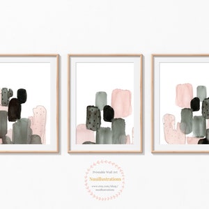 Blush Gray Wall Art Abstract Printable Set Digital Download Pink Greenish Gray Brush Stroke Watercolor Painting - Cactus SET of 3