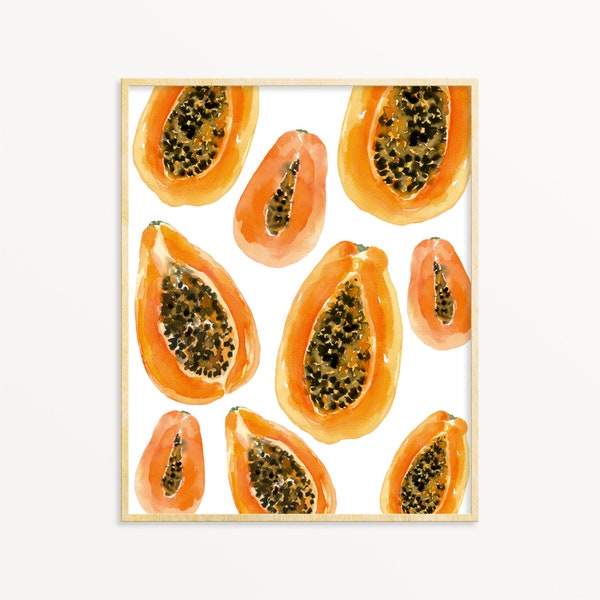 Watercolor Fruit Papaya Print Tropical Fruit Print Kitchen Art Printable Wall Art Digital Download Papaya Wedge Kitchen Orange Food Poster