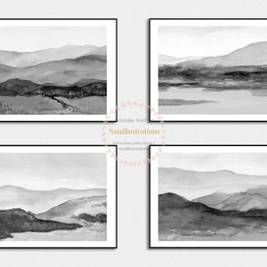 Mountain Landscape Black and White Printable Watercolor Print Set of 4 Gray Wall Art Downloadable Monotone Poster Horizontal