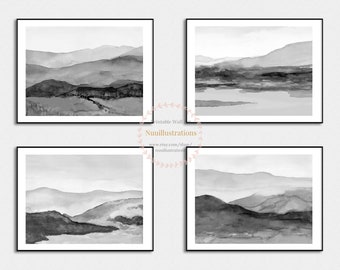 Mountain Landscape Black and White Printable Watercolor Print Set of 4 Gray Wall Art Downloadable Monotone Poster Horizontal