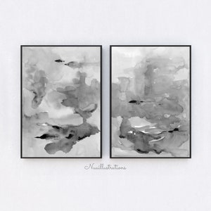 Abstract Printable Wall Art Black and White Watercolor Brush Stroke Digital Print Download Monotone Gray Poster Home Decor Set of 2