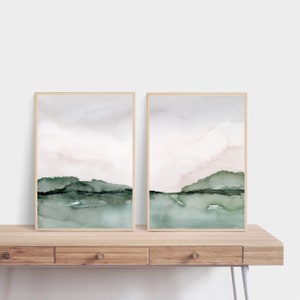 Watercolor Landscape Printable Wall Art Abstract Minimalist Landscape Digital Download Print Poster Set of 2 Neutral Green Muted Pink L1