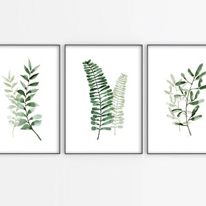 Watercolor Plant, Leaves Printable Wall Art, Botanical Print, Download Watercolor Fern and Leaf, Greenery Art, Green leaves - Set of 3