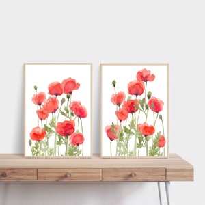 Poppy Flower Printable Set of 2 Wall Art Print instant Download Floral Watercolor Painting Botanical Red Flower illustration Red Poppies