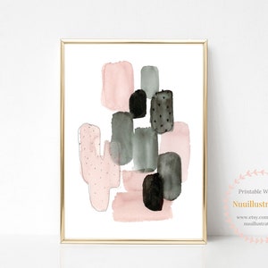 Cactus Abstracto Gris Rosa Arte de Pared Imprimible Descarga Digital Pintura de Acuarela - Impresión Geométrica Neutral Sala Decoración del Hogar Póster B
