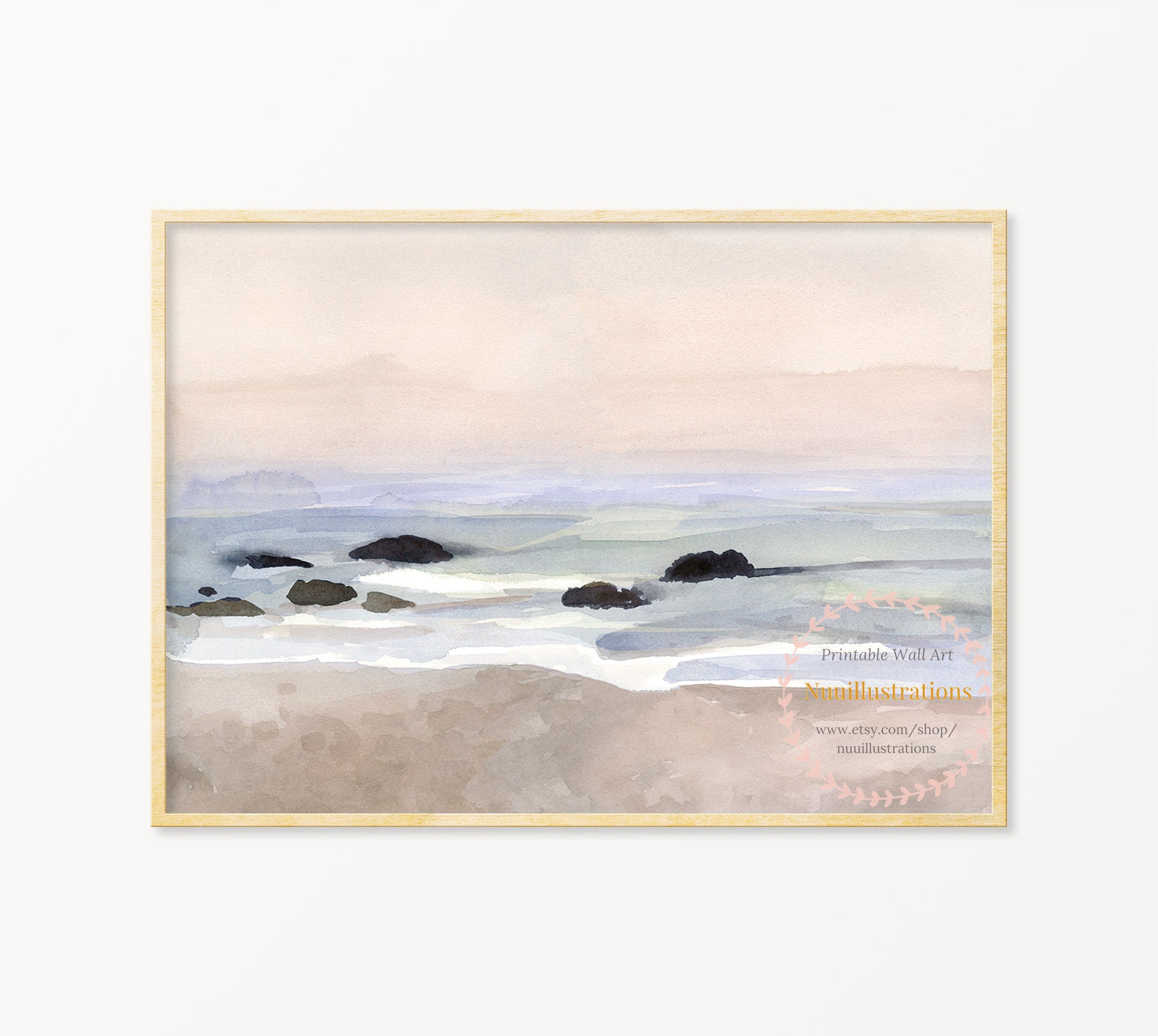 Misty Sea Beach Landscape Wall Art Print Watercolor Abstract Etsy