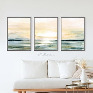 Sunrise Sunset Beach Ocean Printable Wall Art Abstract instant Download Seascape Landscape Print Watercolor Peach Blue Set of 3