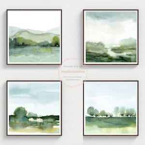 Green Watercolor Landscape Print Set of 4 Printable Poster Wall Art Instant Download Abstract Neutral Calm Peaceful Scenery - Square