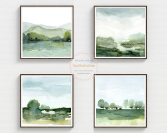 Green Watercolor Landscape Print Set of 4 Printable Poster Wall Art Instant Download Abstract Neutral Calm Peaceful Scenery - Square