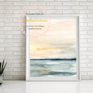 Sunrise Beach Landscape Print Sea Printable Wall Art Abstract instant Download Seascape Watercolor Peach Blue Ocean Sunset Sea Image #3