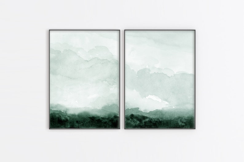 Green Landscape Wall Art Print Set Minimal Abstract Monotone instant Download DIY Printable Digital Watercolor Painting Set of 2 image 5