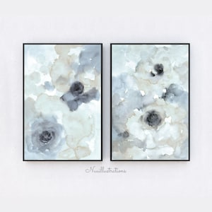 Abstract Flower Watercolor Printable Wall Art in Neutral Dusty Blue and Gray instant Download DIY Print Floral Bedroom Decor - Set of 2
