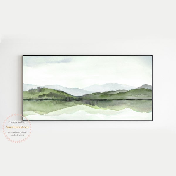 Mountain Lake Reflection Panoramic Green Landscape Printable Wall Art Watercolor Print Digital Download Peaceful Waterscape Scenery