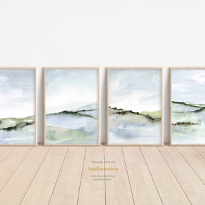 Abstract Landscape Print Set of 4 Printable Wall Art Downloadable Neutral Landscape Watercolor Blue Green Minimalist Peaceful Scene Vertical