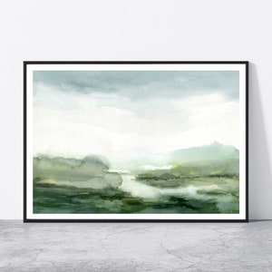 Misty Landscape Print Printable Wall Art Abstract Neutral Green Digital instant Download DIY Print Watercolor Painting Green Land Blue Sky