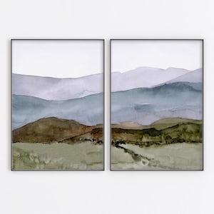 Mountain Landscape Printable Wall Art Digital Print Set of 2 instant Download Watercolor Painting Neutral Blue Purple Green