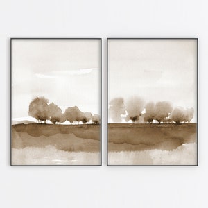 Tree Landscape Print Printable Wall Art Set Minimal Abstract instant Download DIY Print Watercolor Painting Neutral Sepia Brown Set of 2