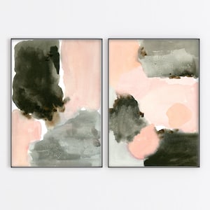 Blush rosa stampa astratta Wall Art stampabile Download digitale istantaneo patch tratto pennello pittura ad acquerello - Blush rosa nero SET di 2