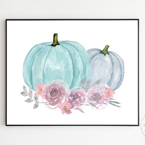 Grüner Blauer Kürbis und Rose Druckbare Wandkunst, Herbst Erntedank Küche Druck, sofortiger Download, Pastell Kürbis Aquarell Poster