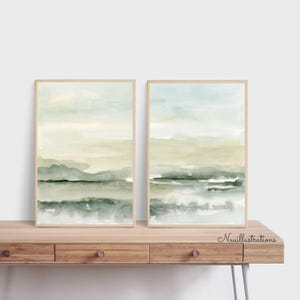 Abstract Soft Green Landscape Watercolor Printable Wall Art DIY Print Neutral Green Digital Download Minimalist Watercolor Poster Set of 2