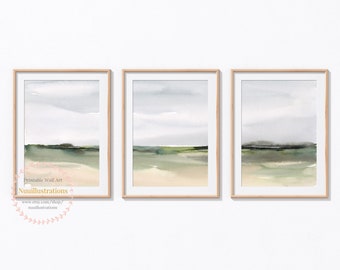 Neutral Landscape Printable Wall Art Set of 3 Minimal Abstract instant Download Print Watercolor Painting - Soft Green Blue Sky Landscape