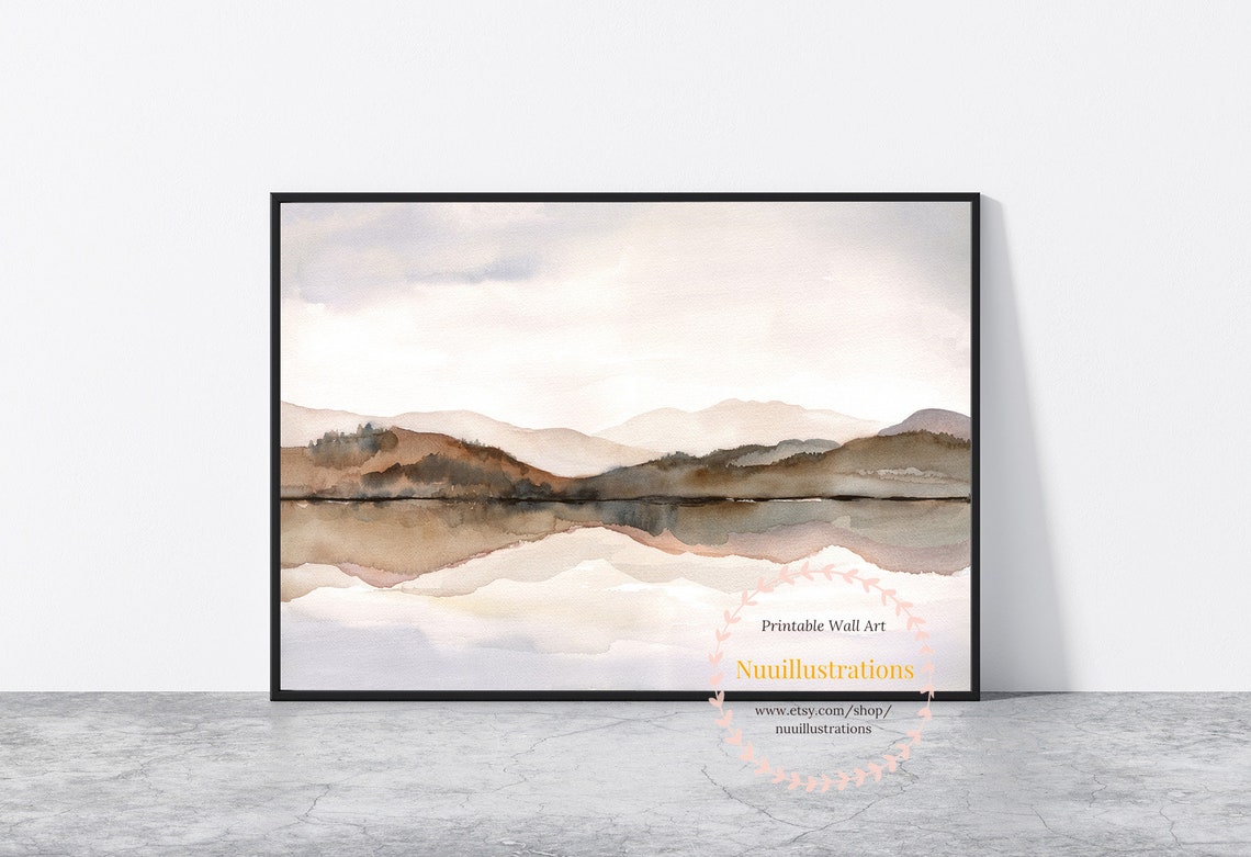 Neutral Landscape Mountain Lake Print Abstract Watercolor - Etsy