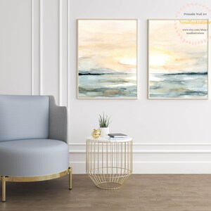 Sunrise Beach Landscape Printable Wall Art Abstract instant Download DIY Print Watercolor Digital File Blush Blue Ocean Sunset Sea Set of 2 image 4