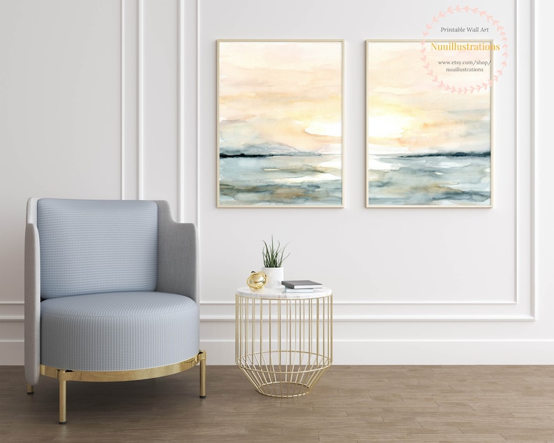 Sunrise Beach Landscape Printable Wall Art Abstract instant Download DIY Print Watercolor Digital File Blush Blue Ocean Sunset Sea Set of 2 image 4