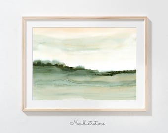 Neutral Green Landscape Print Minimal Abstract instant Download DIY Printable Wall Art Digital Watercolor Painting - Soft Green Blush Pink