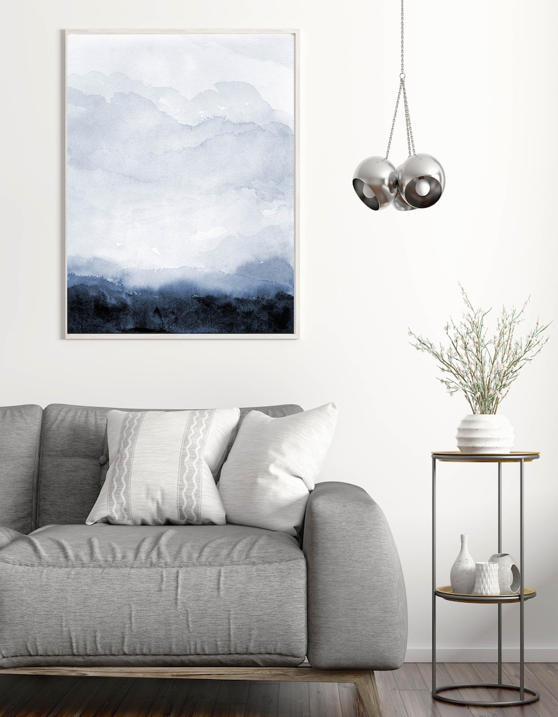Blue Landscape Wall Art Print Minimal Abstract Monotone Etsy