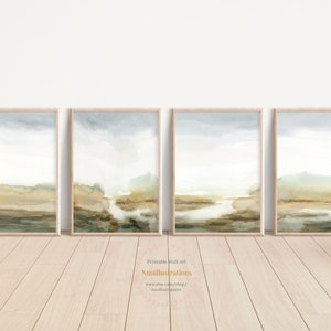 Misty Brown Watercolor Landscape Print Set of 4 Printable Poster Wall Art Instant Download Abstract Neutral Calm Peaceful Scenery