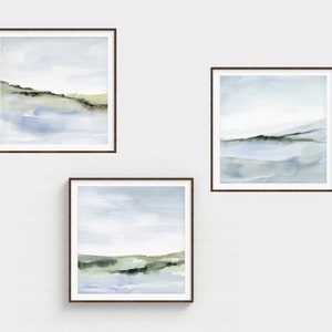 Abstract Landscape Print Set of 3 Printable Wall Art Downloadable Neutral Landscape Watercolor Blue Green Minimalist Peaceful Scene - Square