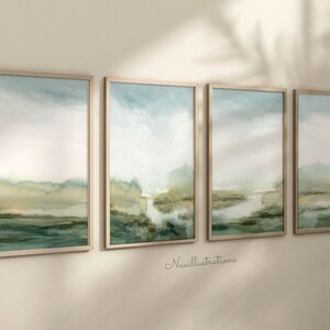 Misty Green Watercolor Landscape Print Set of 4 Printable Poster Wall Art Instant Download Abstract Neutral Calm Peaceful Scenery