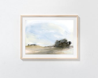 Paysage neutre imprimable Wall Art abstrait minimal bleu et marron paysage télécharger impression minimaliste aquarelle Home Decor affiche - H2