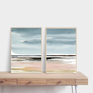 Pink Beach Landscape Print Set Printable Wall Art Abstract instant Download DIY Print Watercolor Painting Digital File Pink Blue Set of 2