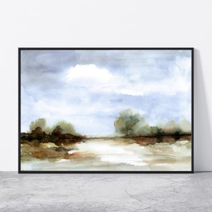 Neutral Landscape Watercolor Print Sky and Field Printable Wall Art Poster Downloadable Blue and Brown Scenery Horizontal Home Decor