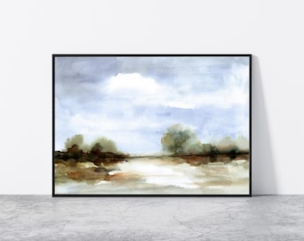 Neutral Landscape Watercolor Print of Blue Sky and Field Printable Wall Art, Calm Scenery Horizontal Home Decor, Hand Painted